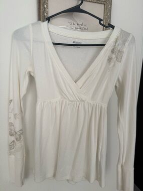 Hollister Cream Long Sleeve Surplice Top with Butterfly Accents